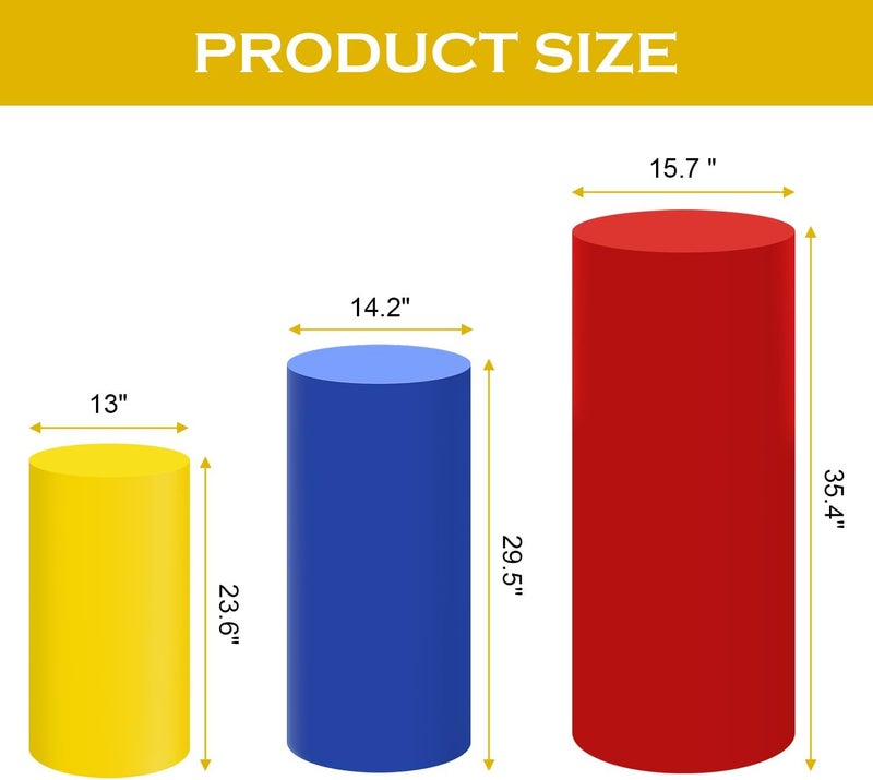 SaitiMade Set of 3 Red Yellow Blue Cylinder Pedestal Stand Covers, 3pcs Spandex Mixed Colors Cylinder Stand Covers for Party, Wedding or Birthday Event Decor (Only Contains Colorful Cylinder Covers) - Image 2